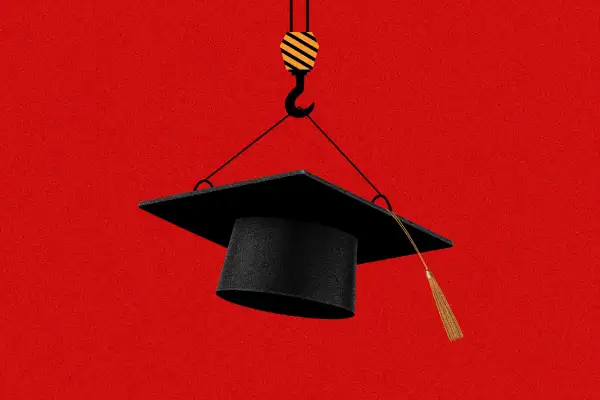 Illustration of a graduation cap being carried by a crane