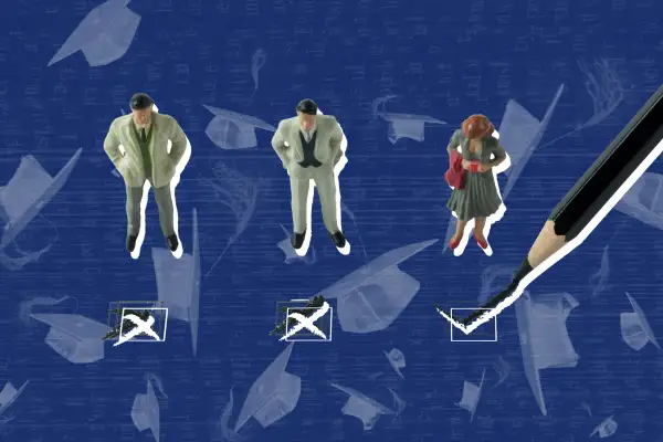 Photo-illustration of three people standing in front of checkboxes with graduation caps and writing behind them
